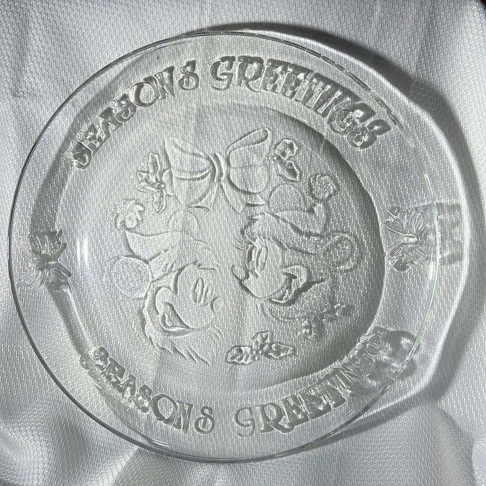 Disney Mickey Minnie Mouse clear Glass Christmas platter 12in Diameter